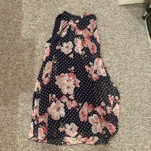 Navy blue white polka dot pink floral midi dress size 12